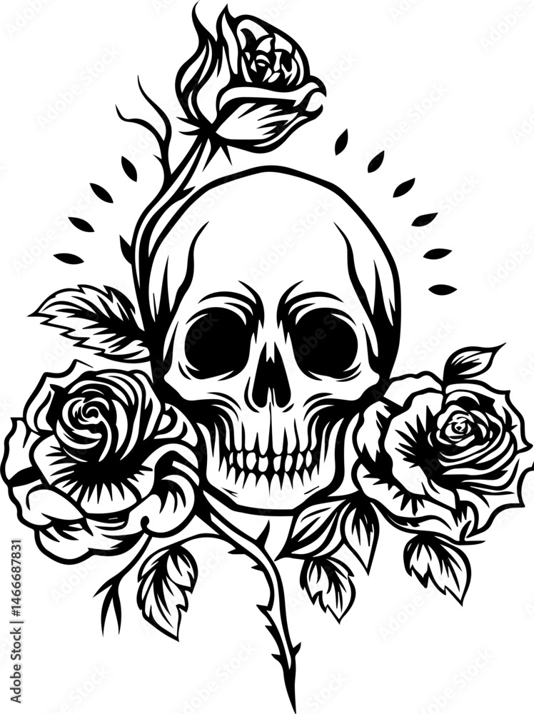 Fototapeta premium SVG vector featuring gothic floral skulls, ideal for tattoo designs. Skull with Roses Artistic Design for Tattoo and Graphic Use