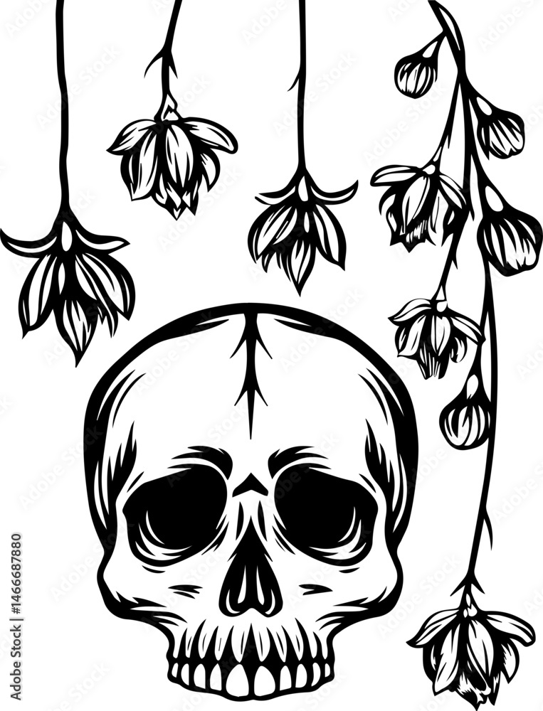 Fototapeta premium SVG vector featuring gothic floral skulls, ideal for tattoo designs. Detailed Skull Illustration with Hanging Flowers in Black and White