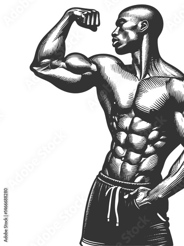 African-American strong, muscular man flexing his biceps with a determined expression, symbolizing power, confidence, and strength sketch engraving generative ai vector. Scratch board. Black and white
