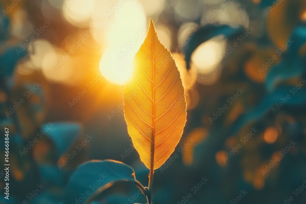 Golden leaf illuminated by sunlight during a serene sunset in a peaceful garden Golden leaf illuminated by sunlight during a serene sunset in a peaceful garden