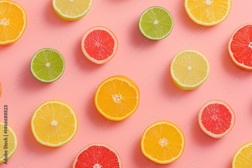 Fototapeta premium Vibrant display of assorted citrus fruits arranged on a soft pink surface at a bright kitchen setting
