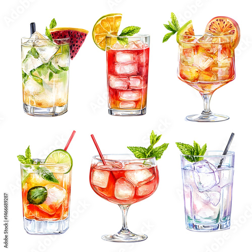 Colorful Cocktail Illustrations with Fruits and Herbs on Transparent Background