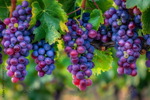 Wallpaper Mural Fresh Grape Clusters Hanging Low from the Vine with Vibrant Colors in Early Morning Light Torontodigital.ca