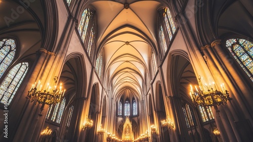 Gothic cathedral lit by hundreds of candles, soft amber light enhancing stained glass details, soaring arches framed by shadows, low wide-angle shot.