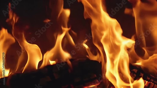 Close-up of Flames Dancing in Slow Motion – Deep Orange and Yellow Hues, Realistic Fire Texture, Dark Moody Background