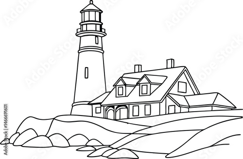 Detailed line art illustration of a lighthouse and coastal buildings on a rocky shore