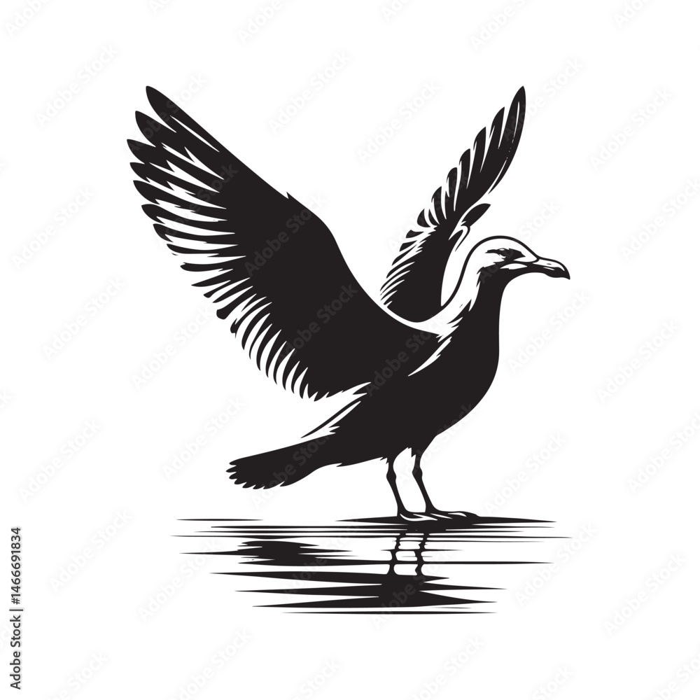 Obraz premium Herring Gull Vector Silhouette, Majestic Seabird Design, Coastal Bird Illustration, Detailed Avian Outline, Ocean Wildlife Art, Marine Bird Symbol. 