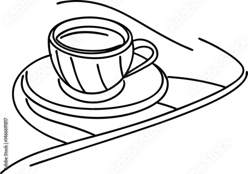 A simple black and white line drawing depicting a coffee cup on a saucer