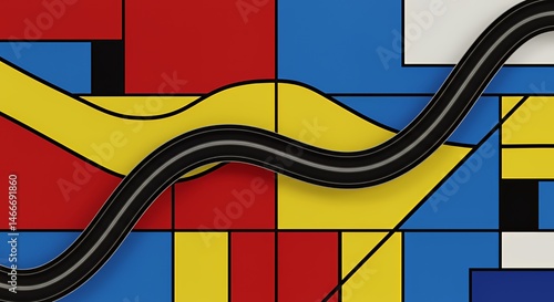 Abstract Composition: Black Line on Geometric Shapes