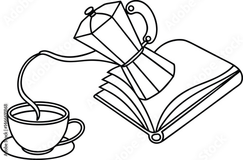 Coffee cup with hot beverage from moka pot beside a reading book outline