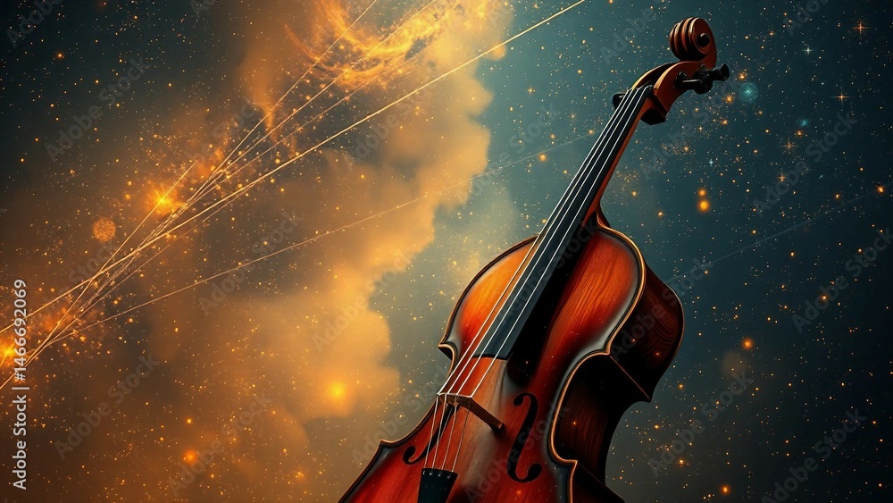 Fototapeta premium Künstlerische Darstellung eines Cellos im Weltall, umgeben von roten Lichtwellen und Sonnenstrahlung – Mischung aus Musik und galaktischem Zauber.