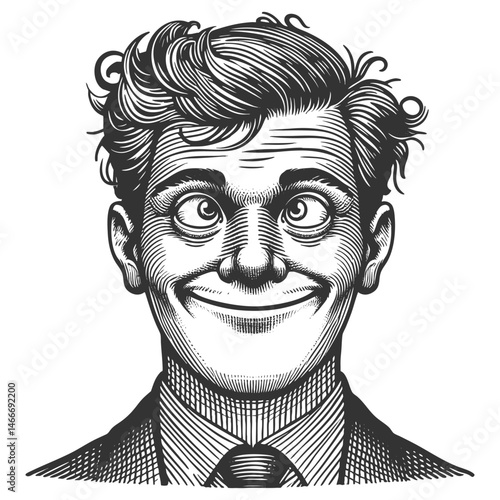Comic man in a suit and bow tie, smiling widely with exaggerated, wide-open eyes sketch engraving generative ai fictional character vector illustration. Scratch board imitation. Black and white image.