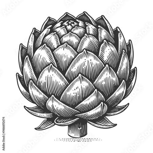 artichoke with intricate layers of leaves, drawn in an engraved, woodcut style sketch engraving generative ai vector illustration. Scratch board imitation. Black and white image.