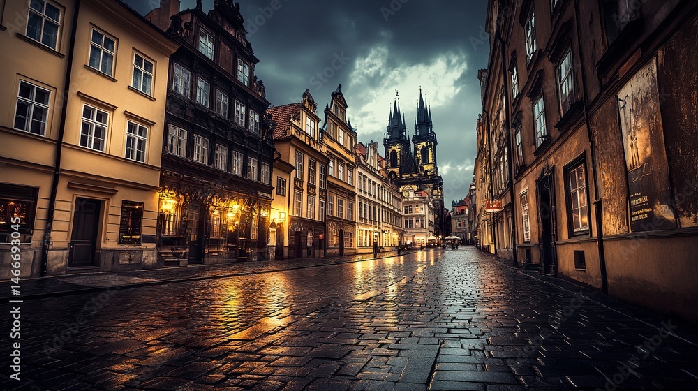 Gothic city under thunderous skies, towering cathedrals and dim alleys with flickering lantern light reflecting on wet cobblestones, dramatic panoramic view Gothic city under thunderous skies, towering cathedrals and dim alleys with flickering lantern light reflecting on wet cobblestones, dramatic panoramic view
