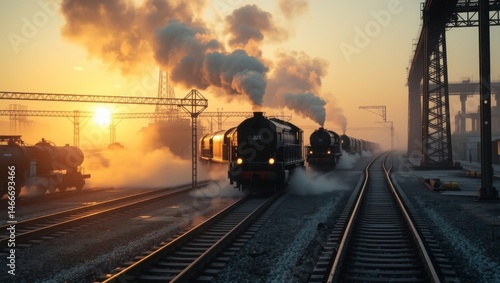 Steam trains puffing through golden industrial dawn