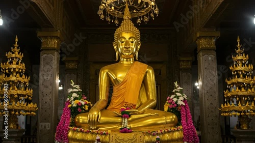 Golden Buddha statue in a tranquil temple setting with vibrant floral decorations