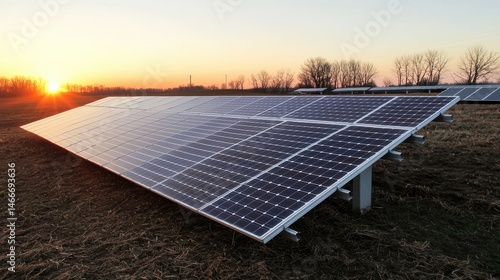 Solar panels capture energy at sunset