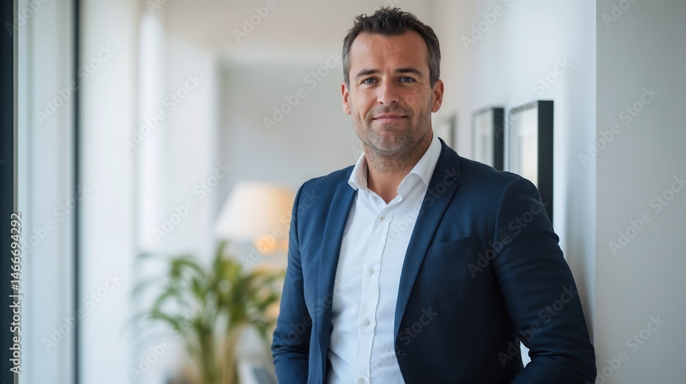Confident businessman in suit standing in bright office Confident businessman in suit standing in bright office