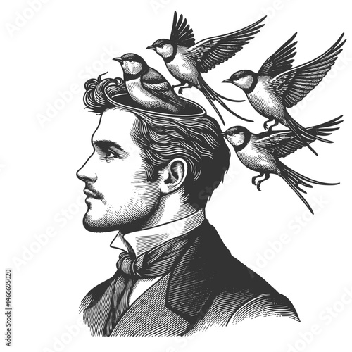man in formal attire with an open head, from which birds are flying, symbolizing creativity and imagination sketch engraving generative ai vector illustration. Scratch board. Black and white image.