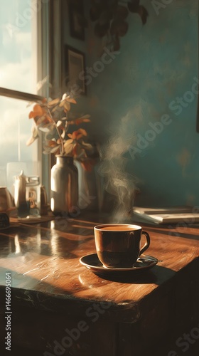 intuition calm purpose mindful living intention inner reflection A steaming cup of coffee on a wooden table, surrounded by cozy decor and soft sunlight, perfect for a relaxing moment.
