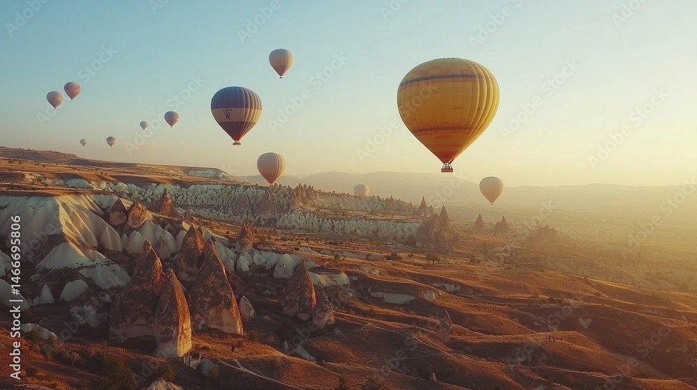 Naklejka premium Sunrise hot air balloons over a stunning landscape.