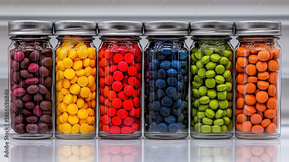Colorful row of transparent jars filled with a variety of jelly beans displayed on a wooden shelf Colorful row of transparent jars filled with a variety of jelly beans displayed on a wooden shelf