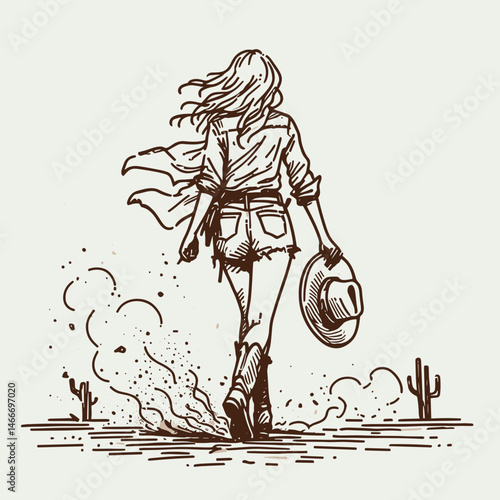 Cowgirl Walking through dust. Western cowgirl Outline Clipart line art doodle vector illustration. Horseback rider trekking via arid terrain raising earth powder cloud behind.