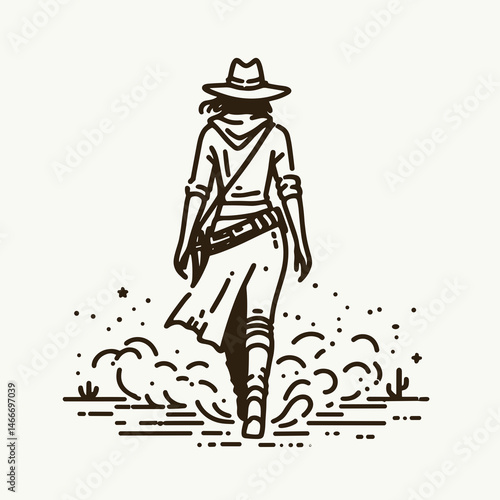 Cowgirl Walking through dust. Western cowgirl Outline Clipart line art doodle vector illustration. Lone rancher saunter amid earth fine particle country theme vibe.