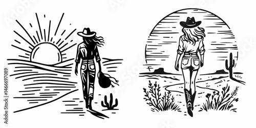 Cowgirl Walking into the sunset. Western cowgirl Outline Clipart line art doodle vector illustration. Female rancher sauntering toward sundown rural vista golden hour glow.