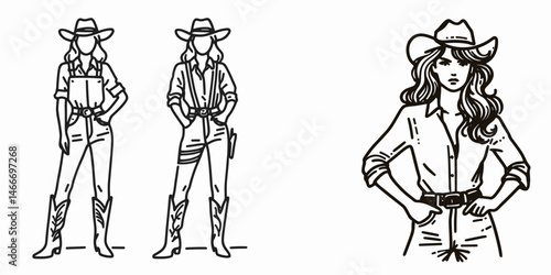 Cowgirl Standing with hands on hips. Western cowgirl Outline Clipart line art doodle vector illustration. Ranch woman posing arms akimbo vogue country persona equilibrium.
