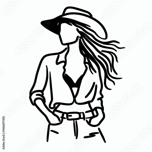 Cowgirl Standing in silhouette. Western cowgirl Outline Clipart line art doodle vector illustration. Female rancher figure outlined backlighted against setting sun rural genre.