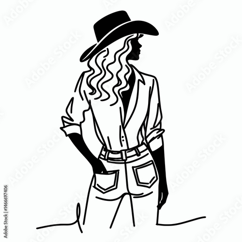 Cowgirl Standing in silhouette. Western cowgirl Outline Clipart line art doodle vector illustration. Equine woman figure backlit rodeo posture country genre vocation.