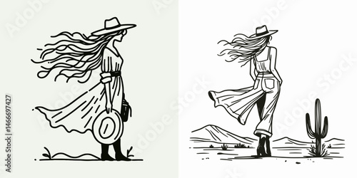 Cowgirl Standing in desert wind. Western cowgirl Outline Clipart line art doodle vector illustration. lady posing alone arid terrain beneath gusty gale motion.
