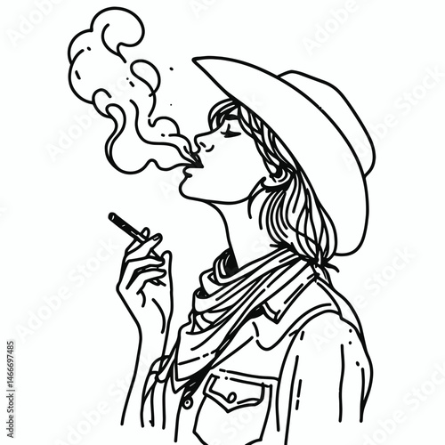 Cowgirl Spitting tobacco. Western cowgirl Outline Clipart line art doodle vector illustration. Ranch female chewing wad expectorate rustic habit on farmland theme.