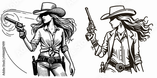 Cowgirl Spinning revolver. Western cowgirl Outline Clipart line art doodle vector illustration. woman twirling handgun firearm rotation trick pistol action figure.