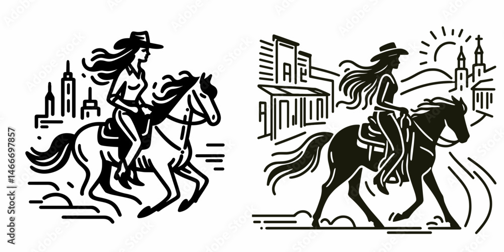 Obraz premium Cowgirl Riding into town. Western cowgirl Outline Clipart line art doodle vector illustration. female astride entering hamlet a frontier arrival rural adventure.