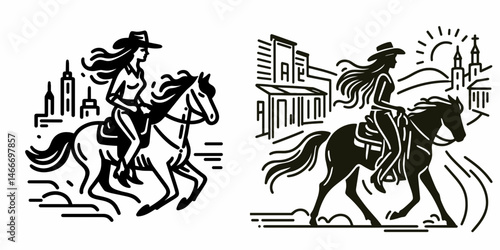 Cowgirl Riding into town. Western cowgirl Outline Clipart line art doodle vector illustration. female astride entering hamlet a frontier arrival rural adventure.