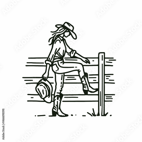 Cowgirl Putting boot on fence. Western cowgirl Outline Clipart line art doodle vector illustration. woman heaving footwear onto enclosure rural fashion country genre.