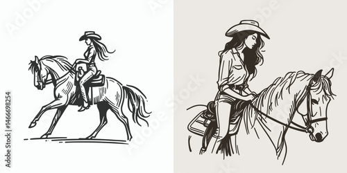 Cowgirl Mounting a horse. Western cowgirl Outline Clipart line art doodle vector illustration. Equestrian female rider ascending steed lifestyle scene horsemanship adventure.