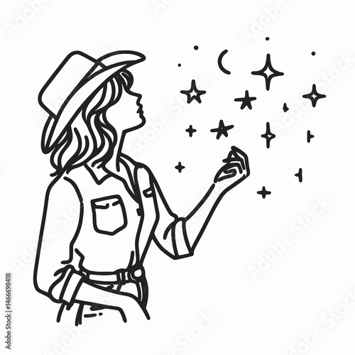 Cowgirl Looking at stars. Western cowgirl Outline Clipart line art doodle vector illustration. maiden gazing celestial wonder dreaming of adventure open range.
