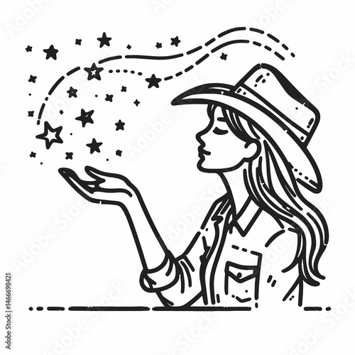 Cowgirl Looking at stars. Western cowgirl Outline Clipart line art doodle vector illustration. maiden gazing distant firmament cosmic wonder rural dream.
