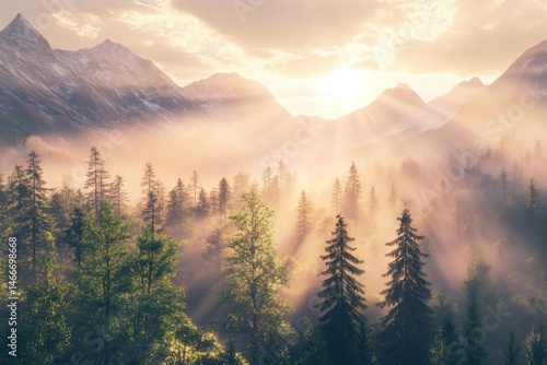 A misty mountain landscape with a forest of pine trees and a bright sun shining through the clouds above it