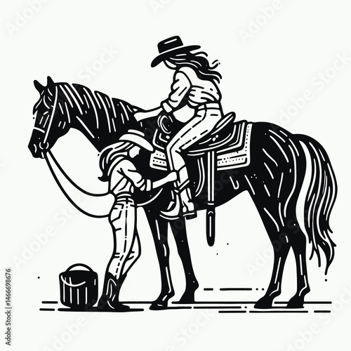 Cowgirl Lifting saddle onto horse. Western cowgirl Outline Clipart line art doodle vector illustration. Ranch woman hoisting riding gear upon equine a rustic occupation.