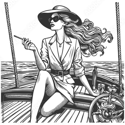 graceful woman in a flowing dress and wide-brimmed hat, relaxing on a sailboat while admiring passing schooner sketch engraving generative ai vector illustration. Scratch board. Black and white image.