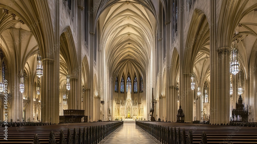 Fototapeta premium Grand Gothic cathedral nave, pointed arches rising toward elaborate ribbed vaults, light casting soft shadows on carved stone, wide symmetrical view. 
