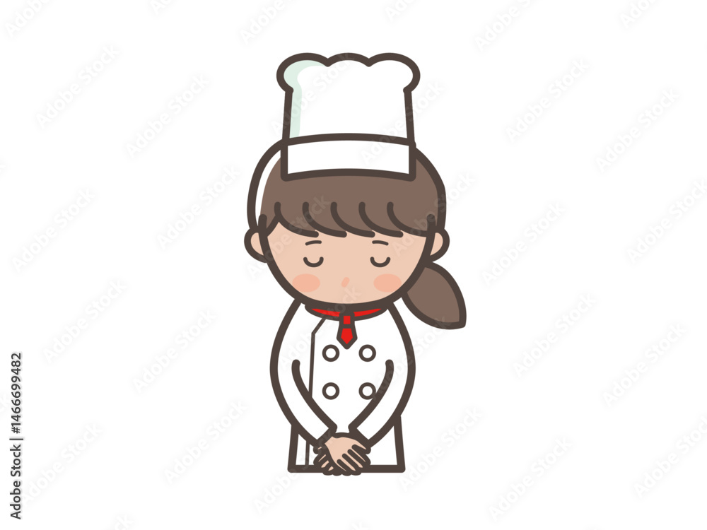頭を下げて謝る若い女性コックさんの上半身イラスト 頭を下げて謝る若い女性コックさんの上半身イラスト