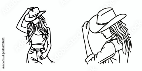 Cowgirl Holding cowboy hat. Western cowgirl Outline Clipart line art doodle vector illustration. female figure grasping headwear rural vogue ranch archetype attire.