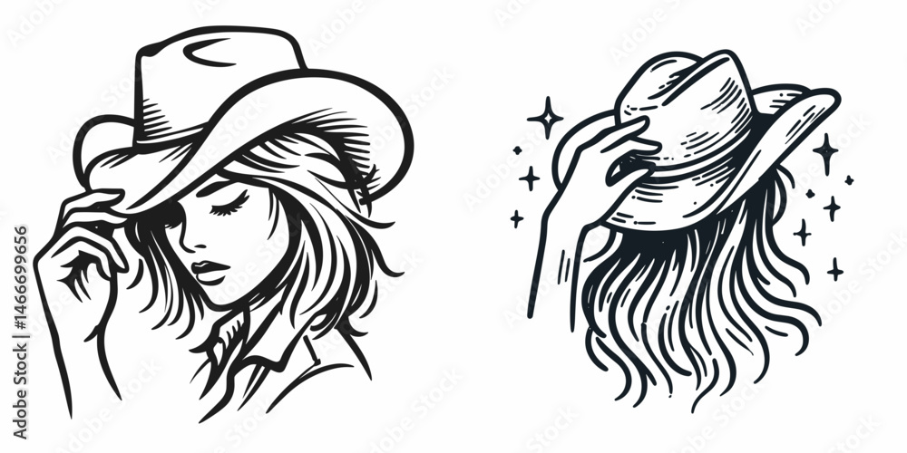 Obraz premium Cowgirl Hat tipping. Western cowgirl Outline Clipart line art doodle vector illustration. Rural gesture lifting a female rancher headgear brim in salutation.