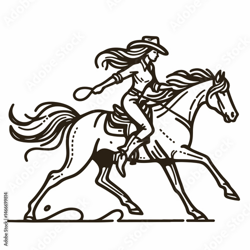 Wallpaper Mural Cowgirl Galloping horse. Western cowgirl Outline Clipart line art doodle vector illustration. Equestrian female rider at full speed on mustang for ranch adventure. Torontodigital.ca