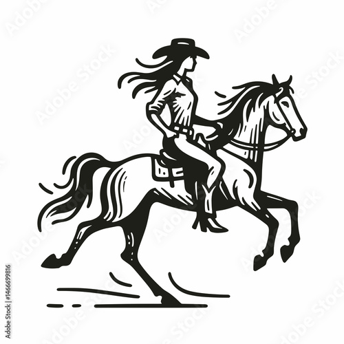 Wallpaper Mural Cowgirl Galloping horse. Western cowgirl Outline Clipart line art doodle vector illustration. Female equestrian riding steed dashing across land adventure theme. Torontodigital.ca